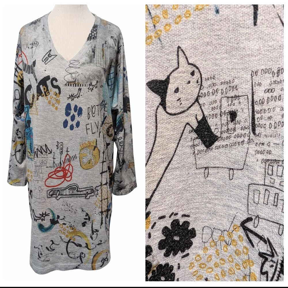 Inoah Womens Sz XL Gray Allover Grafitti Cats Art To Wear V-Neck  3/4 Sleeve Top